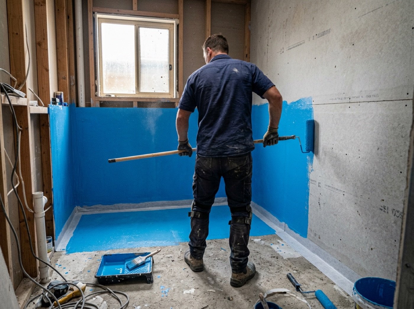 Metroseal applicator rolling blue waterproof membrane onto a bathroom wall