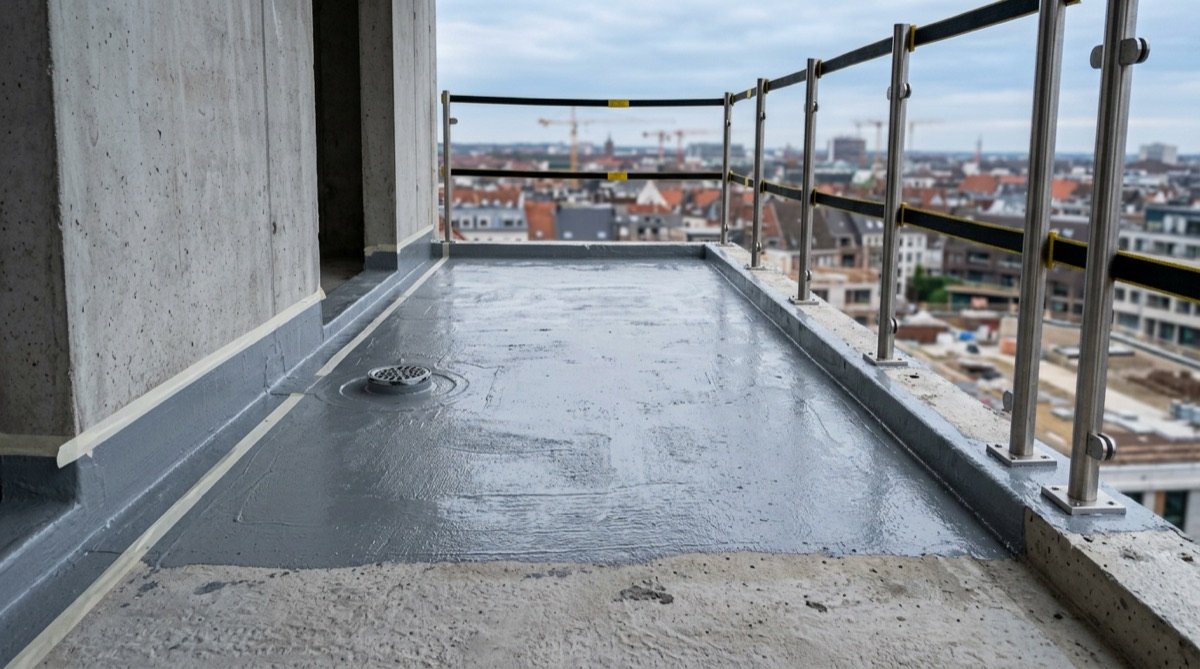 Concrete balcony part-coated with grey liquid membrane