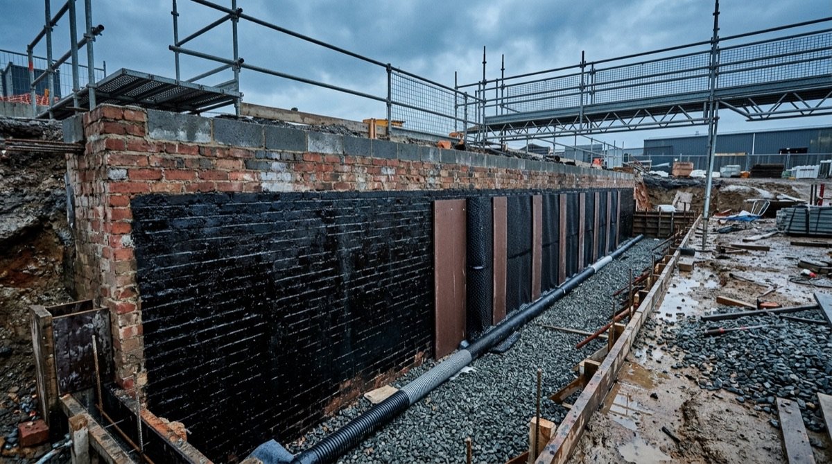 Below-ground membrane applied to a retaining wall