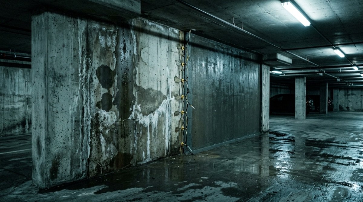 Basement car park wall repaired and sealed against water ingress